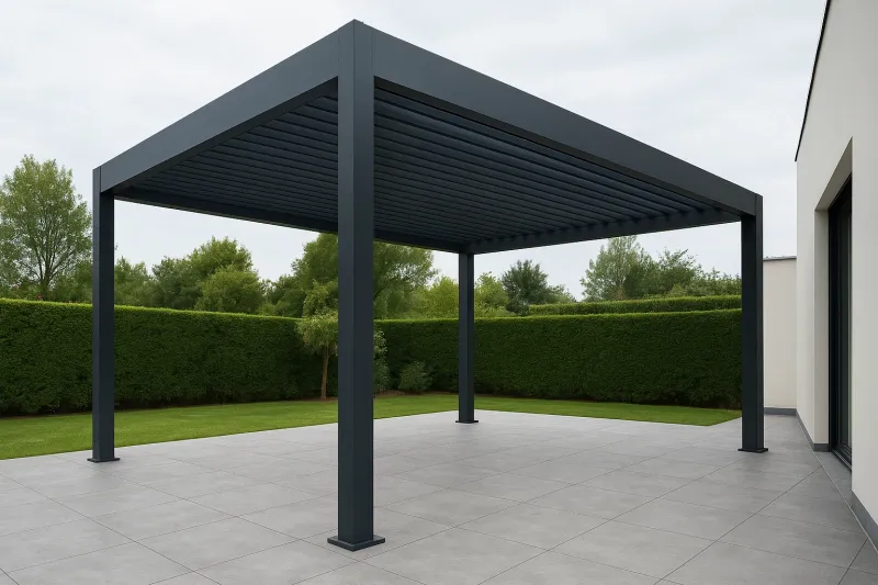 Installation d'une pergola en métal thermolaquée gris anthracite à grande dimension sur mesure thermolaquée gris anthracite à Piolenc et ses environs